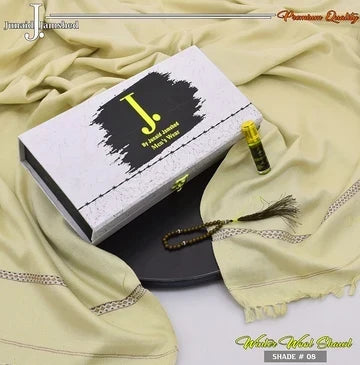 J. PREMIUM WOOL SHAWL FOR MEN WITH LUXURY BOX & BAG +GIFT TASBEH & ATAR ( Rich Cream )