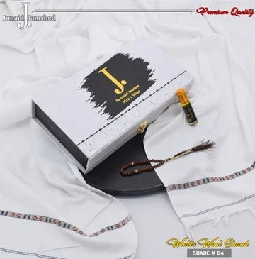 J. PREMIUM WOOL SHAWL FOR MEN WITH LUXURY BOX & BAG +GIFT TASBEH & ATAR ( pearl white )